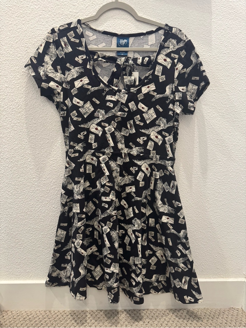 NWT black Harry Potter Hogwarts acceptance letter & owl print skater dress
